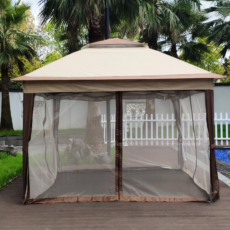 Abri de jardin 11 x 11 pi avec filet amovible. Rouille - cadre. Double couche supérieure. Feu. Pour le patio, la cour arrière, le camping. Tente d'extérieur Coffee 11 x 11 pi, structure en acier - 2 capote, filet en filet pour la fête, mariage
