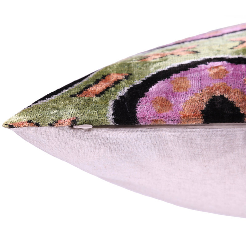 Coussin en velours de soie géométrique vert lilas noir - 16 x 16 fait à la main