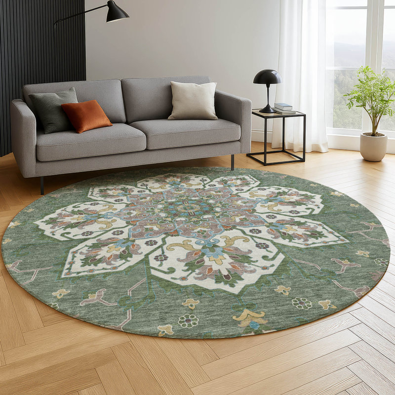 Premium Machine Washable Mayfield AMF2194 global Rug, 8' Round, Green