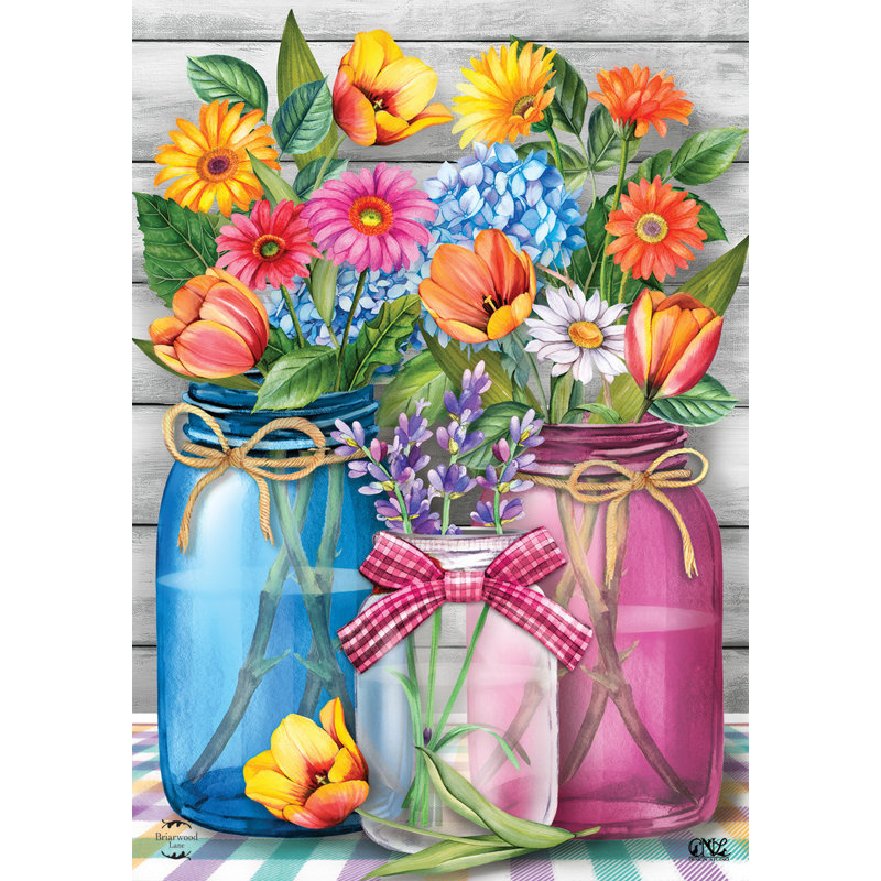 Printemps, pots de fleurs, drapeau de jardin rustique