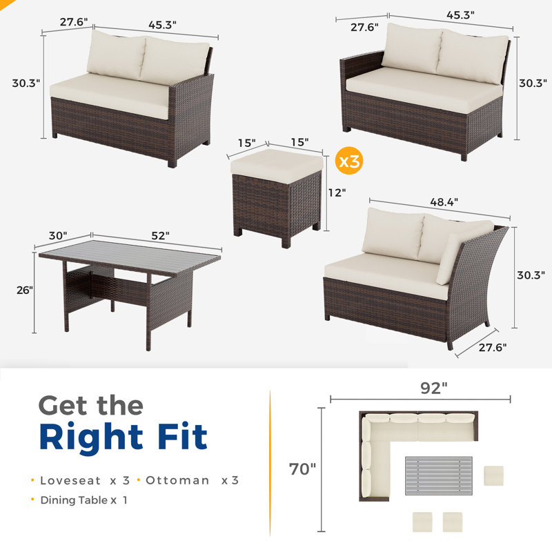 Ensemble de conversation modulaire en rotin 7 pièces avec coussins Cueva, Structure brune / coussin beige