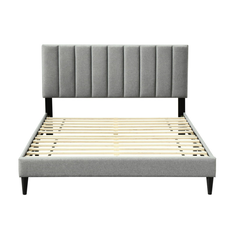 Channel Headboard Bed In A Box - Grey Material, 68 Lb Integrated Upholstered Design