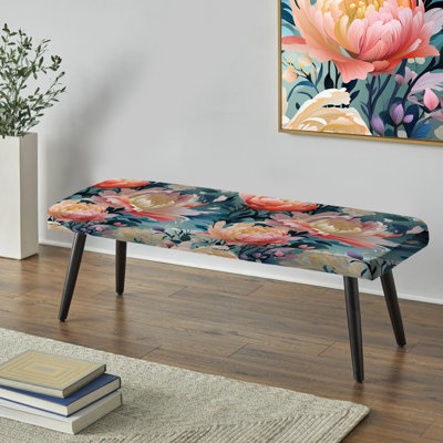 Pink Botanical Ikat Haven Blooms - Floral Upholstered Black Bench