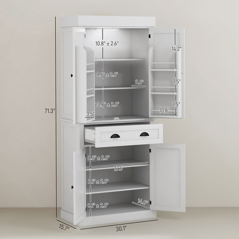 Armoire de cuisine de style nordique avec lumières DEL, 6 tablettes de porte, un tiroir et 4 tablettes réglables, pour votre maison