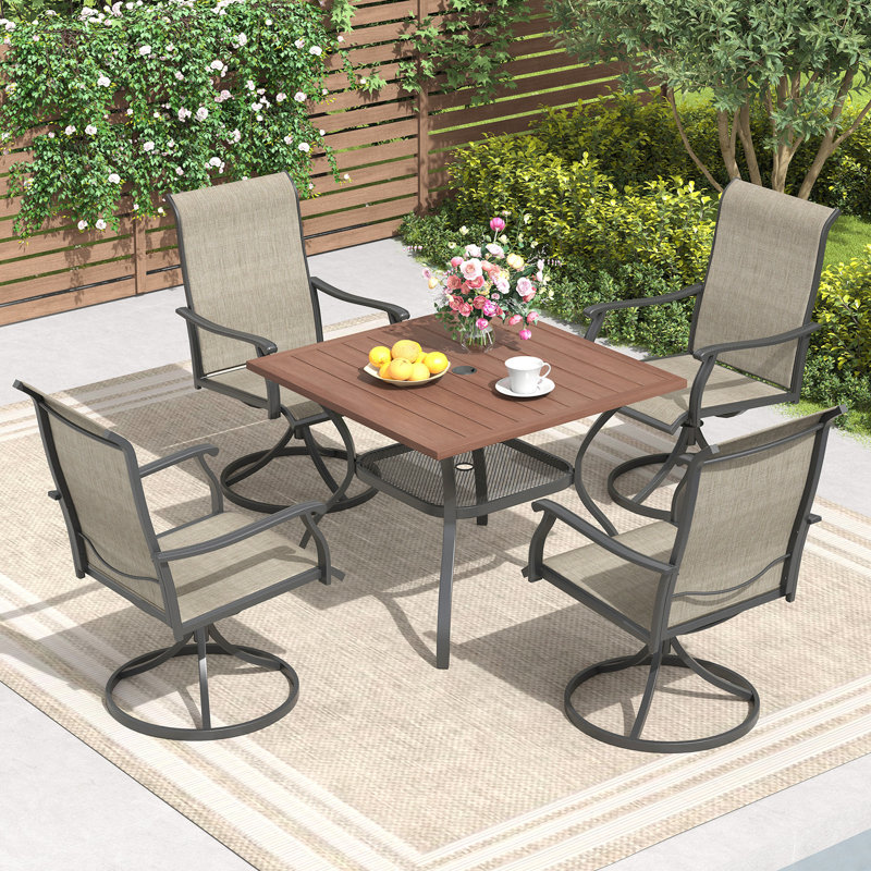 Ensemble repas d'extérieur avec table carrée pour 4 personnes et chaises pivotantes, Bois brossé brun / noir