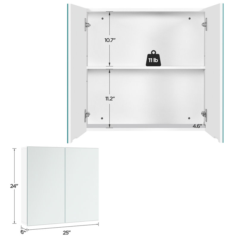 Frameless Mirror Cabinet Wall-Mounted Storage Cabinet with Storage and Adjustable Shelf, 24" H x 25" W x 6" D