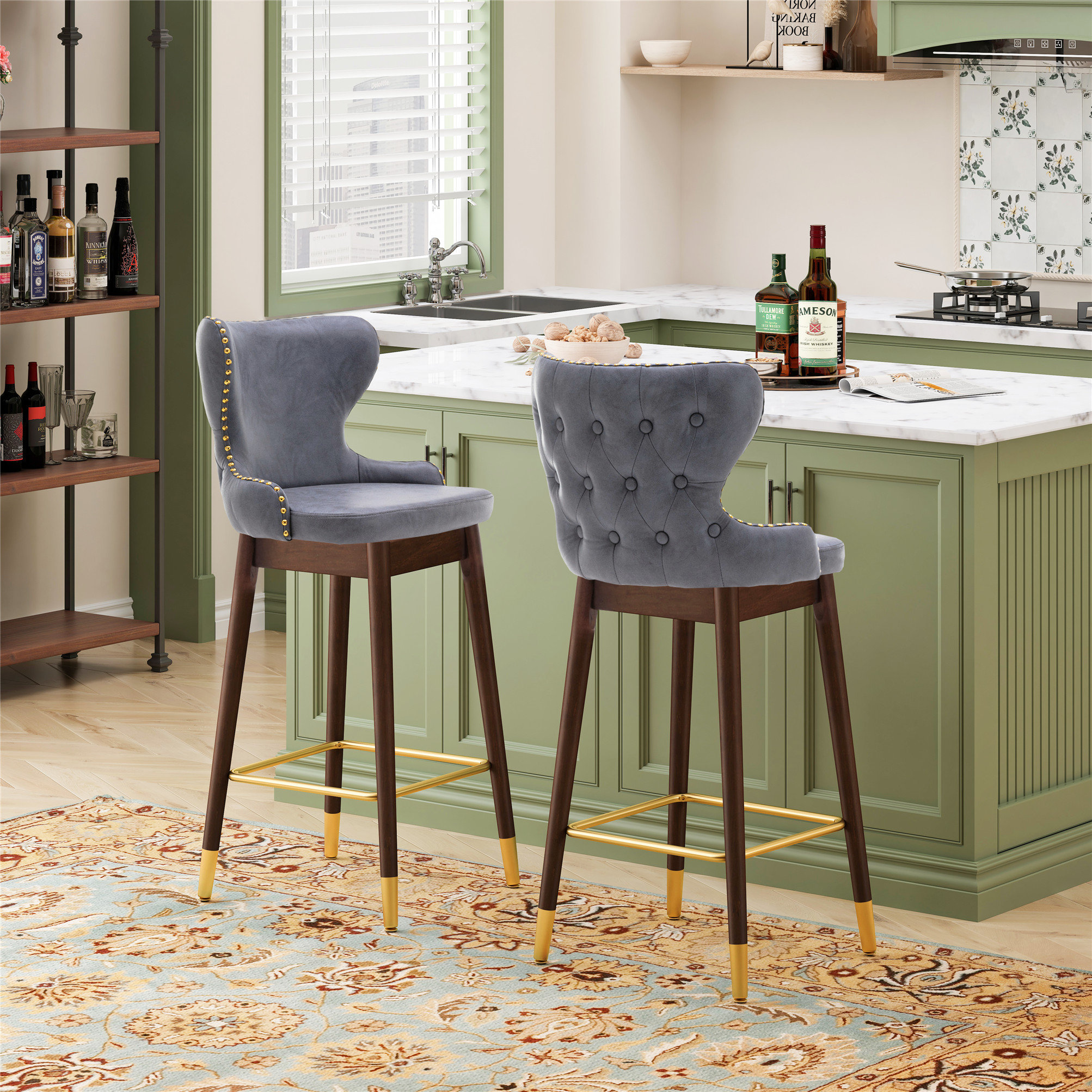 Mercer41 Ladraya 29.9'' Tufted Bar Chairs, Leathaire Bar Stools, Accent