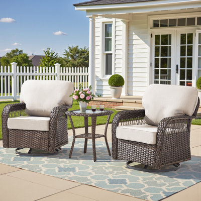 3-Piece Outdoor Rattan Furniture Set, 2 All-Weather PE Wicker Swivel Glider Chairs With T-Shaped Backrest And A Tempered Glass Side Table For Patio, Garden & Poolside