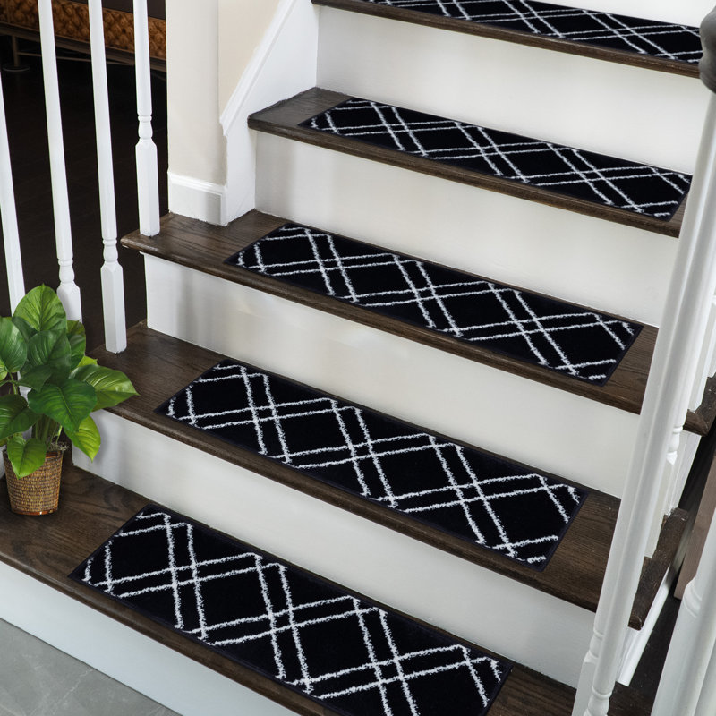 Tapis d'escalier intérieur antidérapant 9 po x 28 po Algean, Bleu marine - blanc, 13