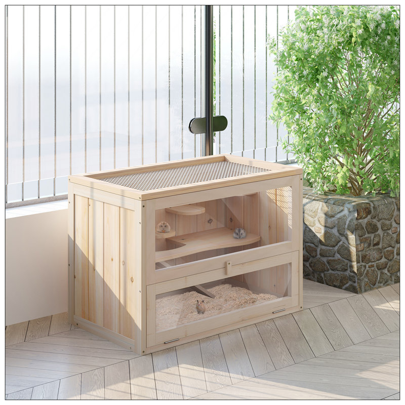 Cage à hamster en bois à 2 niveaux avec dessus ouvert, porte d'entrée, tablette et échelle pour petits animaux