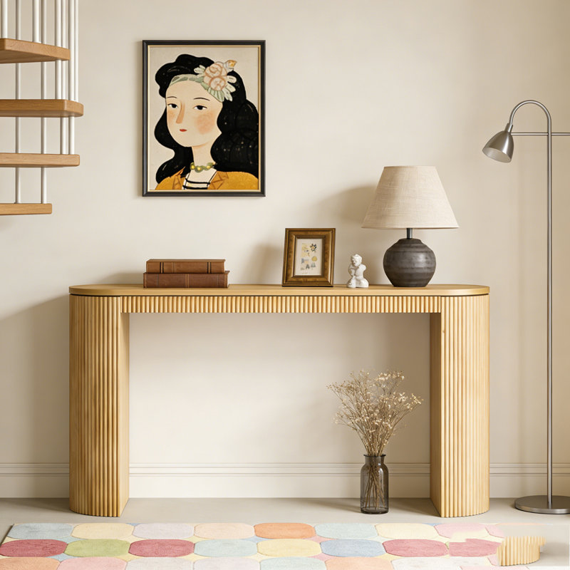 Curved Design Console Table with Unique Vertical Stripe Design, Naturel