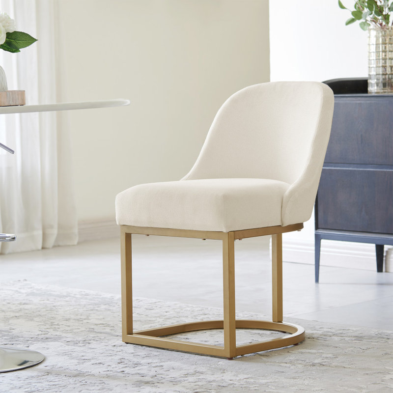Borgos Linen Upholstered Barrelback Metal Base Dining Chair, Gold, Ivory