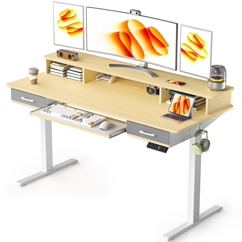 55" Inches Electric Standing Desk with Keyboard Tray, Height Adjustable Stand up Desk with 2 Drawers, Ergonomic Sit to Stand Desk with Storage Monitor Stand, Computer Table, Oak