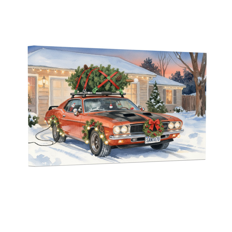 Voiture de Noël avec arbre et lumières, H 20 po x l 30 po