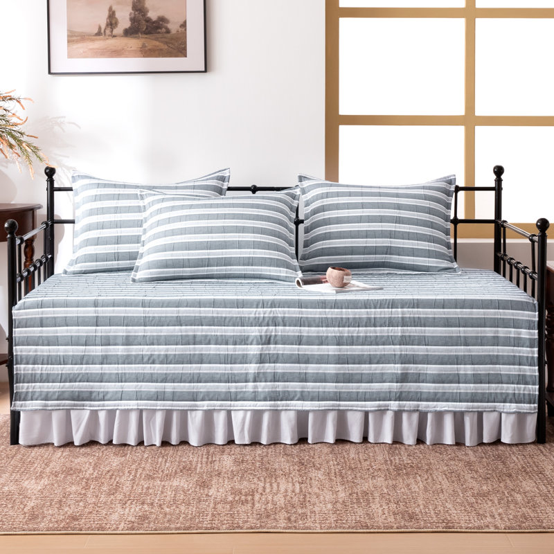 SLEEP ZONE 5 Pcs Daybed Cover Set - Navy Blue Striped Jacquard Quilted Bedding Set with Bed Skirt & 3 Pillow Shams, All Season Comfort, 75" x 39" Daybed Cover
