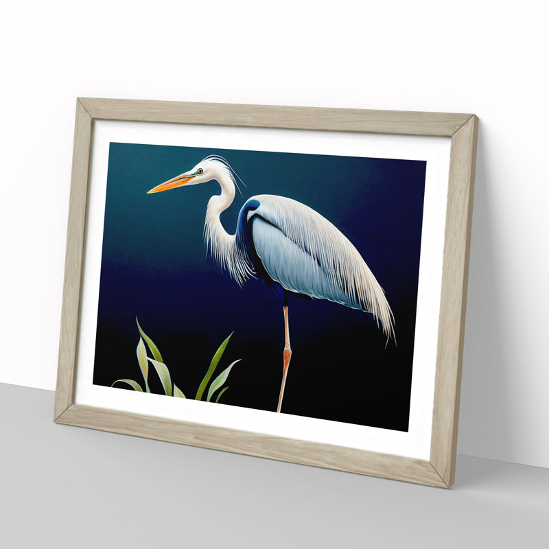 Exciting Heron Bird - Single Picture Frame Print, 46cm H x 64cm W x 2cm D, Oak
