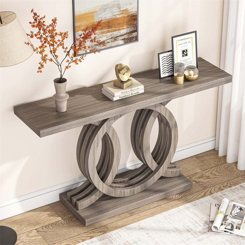 Console 55 po avec base géométrique en bois, canapé d'entrée rustique pour salon, couloir, vestibule - table d'appoint décorative pour présentation et rangement, gris