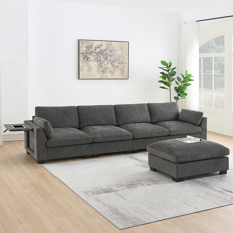 Canapé modulaire modulaire avec table pliante 2 coussins d'accoudoir et repose-pieds à mouvement libre, Gris anthracite