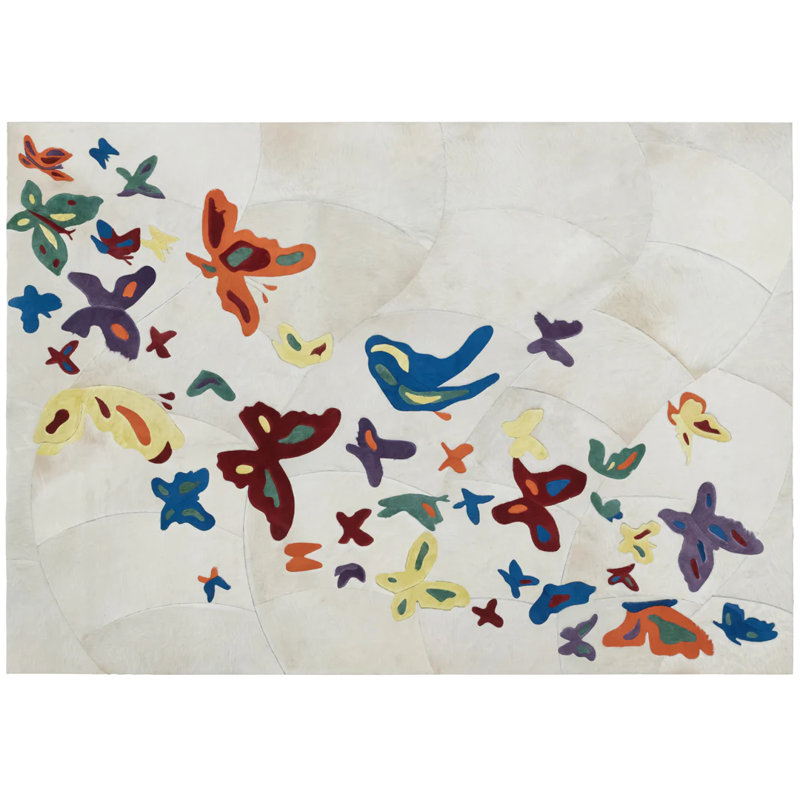 Mariposa Cowhide Area Rug in Ivory/Orange/Yellow/Blue, Rectangle 10' x 14'