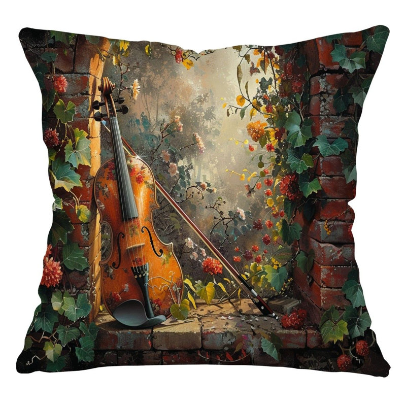 Violin Music Cotton Blend Reversible Throw Pillow, 14"H x 14"W
