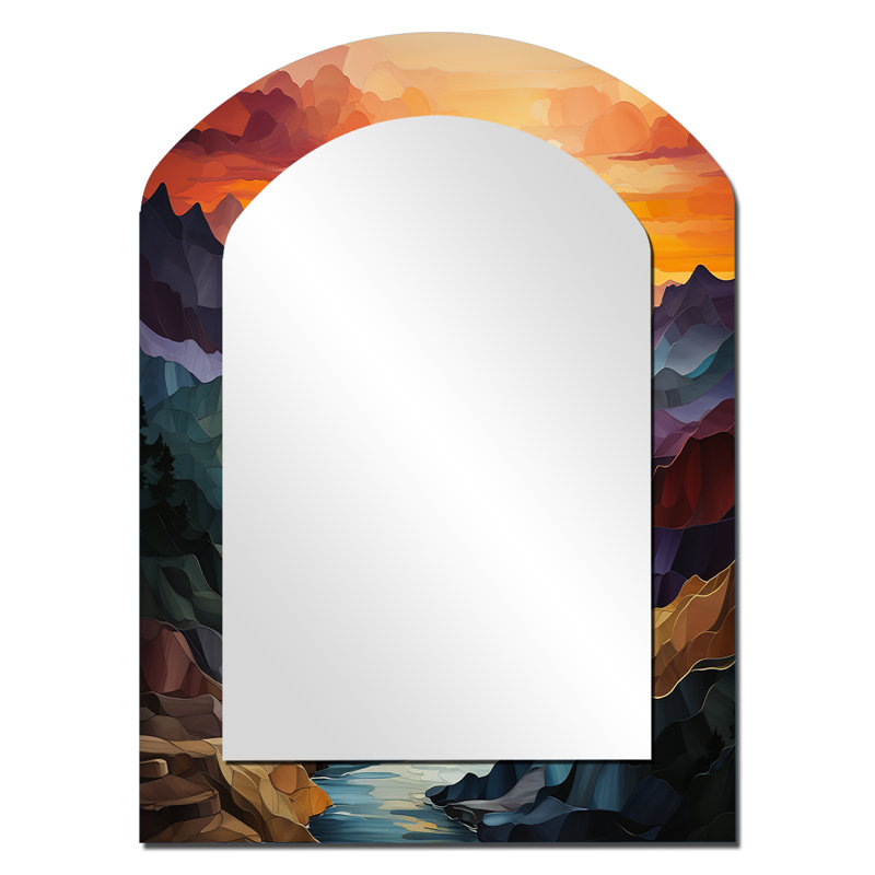 Orange orange sarcelle, paysage audacieux - grand miroir asymétrique des montagnes, miroir mural décoratif arqué traditionnel, impression d'art en métal
