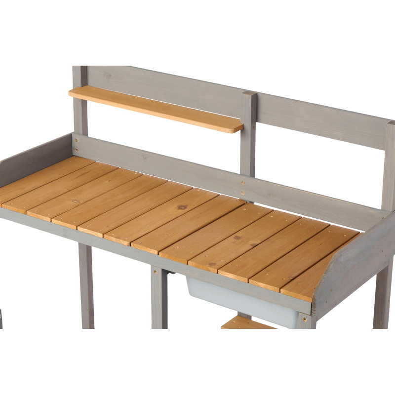 Table de rempotage d'extérieur en bois avec évier, banc de travail de table de jardin avec tablette, poste de travail pour pelouse extérieure