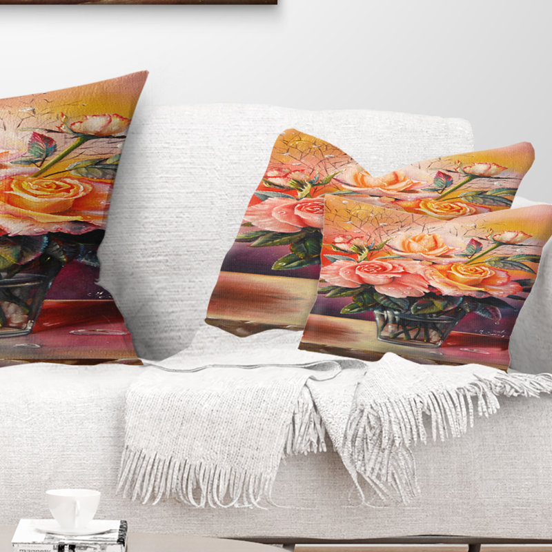 Roses on Marble Table - Floral Printed Throw Pillow
