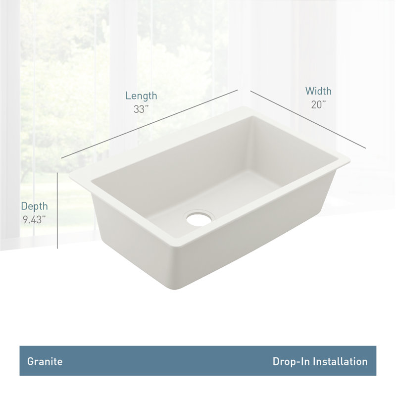 Host 33-Inch Wide x 9.5-Inch Deep Dual Mount Granite Single Bowl Kitchen Sink, White