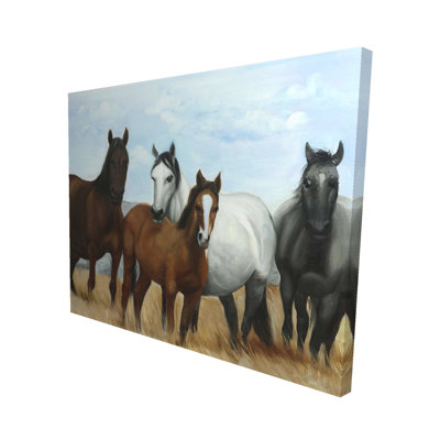 Chevaux dans la prairie, toile bleue - décoration murale de chambre à coucher