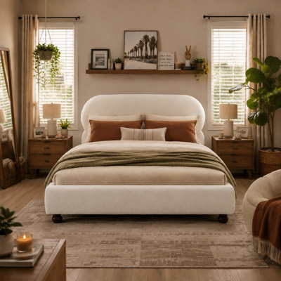 Queen Cream Boucle Upholstered Bed Frame with Rubberwood Gourd Legs, 800 Lb Weight Capacity, Sturdy Slat Support, Easy 2-Person Assembly