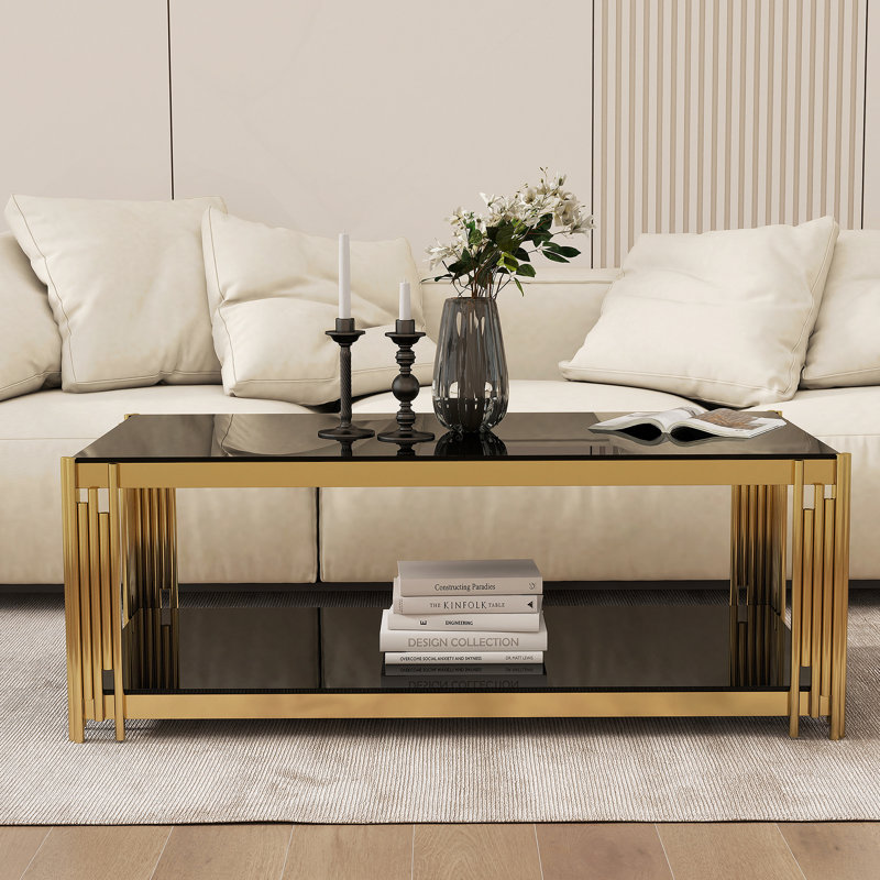 Table basse rectangulaire, table de salon moderne avec plateau en verre trempé et pieds en acier inoxydable
