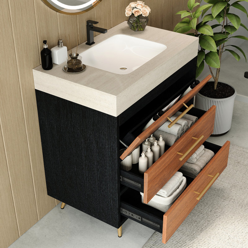 Meuble-lavabo de salle de bain de conception française avec lavabo vasque en céramique, comptoir en pierre frittée et mécanisme de tiroir à fermeture en douceur pour beaucoup de chaleur