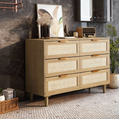 Armoire de rangement en rotin à 6 tiroirs avec lumières DEL et prise de courant Chaunta, pour chambre à coucher, salon