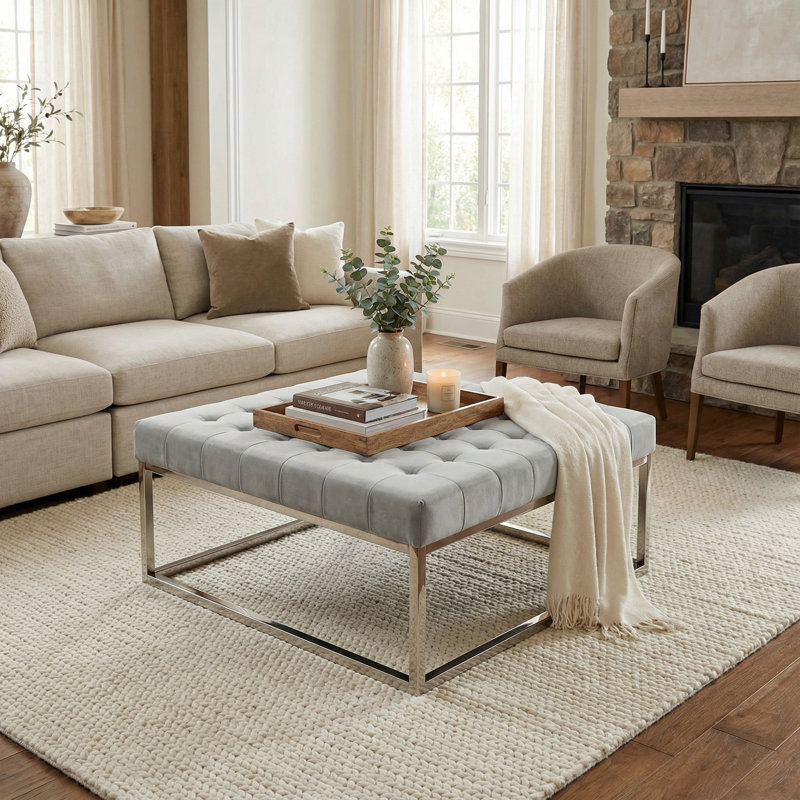 Kibwe Velvet Ottoman, Gray, Polished Chrome