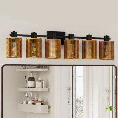 6-Light Farmhouse Dimmable Vanity Light, Handwoven Rattan Shades, Matte Black Metal Backplate