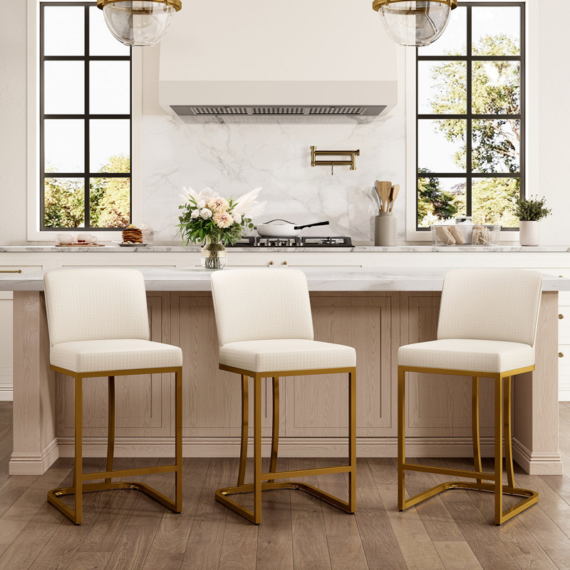 Tabouret de comptoir blanc en similicuir 24 po Romilio pour cuisine et salle à manger, Doré, Blanc