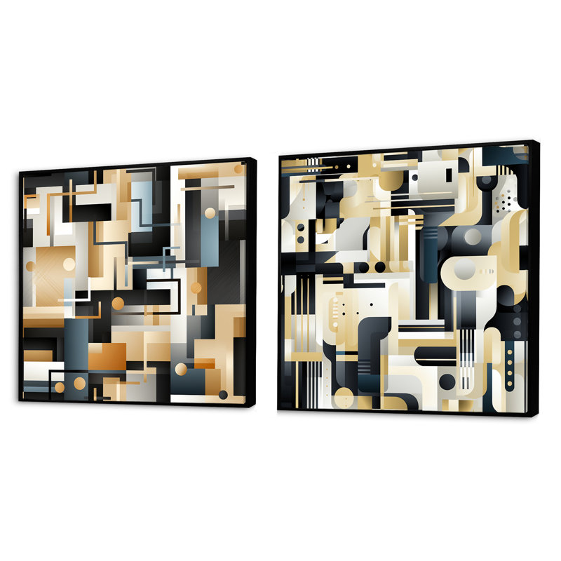 Corvyn - Ensemble de 2 collages de formes carrées abstraites, Cadre flottant noir, H 16 po x l 33 po