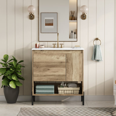 Meuble-lavabo moderne en bois de 30 po, armoire de salle de bain avec tiroir coulissant, armoire de rangement de salle de bain avec lavabo en céramique, meuble-lavabo simple avec portes et tablette ouverte