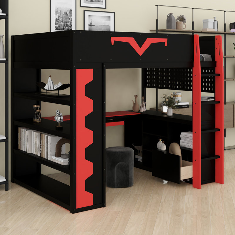 Advanced Gamer Bed With Loft Design, Integrated Desk,And Storage, Red