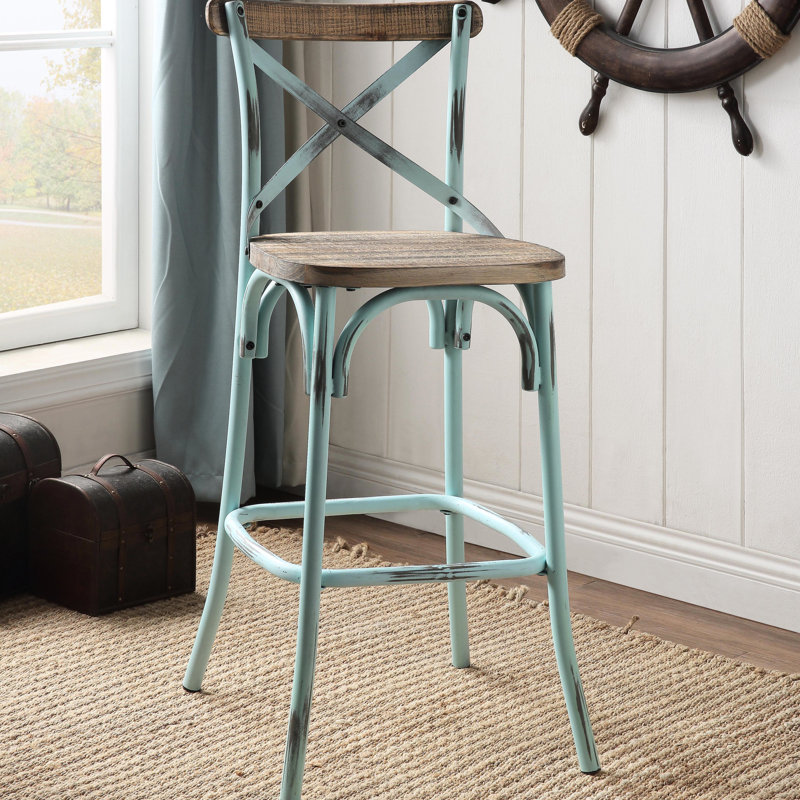Antique Oak Bar Stool With Cross Back - Vintage Charm For Kitchen Counter, Seat, Wood And Metal Combination, 43.5" High Design Base, Seat , Color, Tall, 18.5" Wide, 20.5" Deep