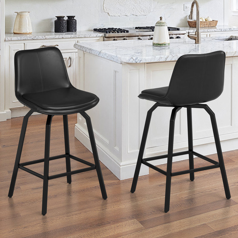 Yannis 26''H Faux Leather Swivel Barstools, Black, 2