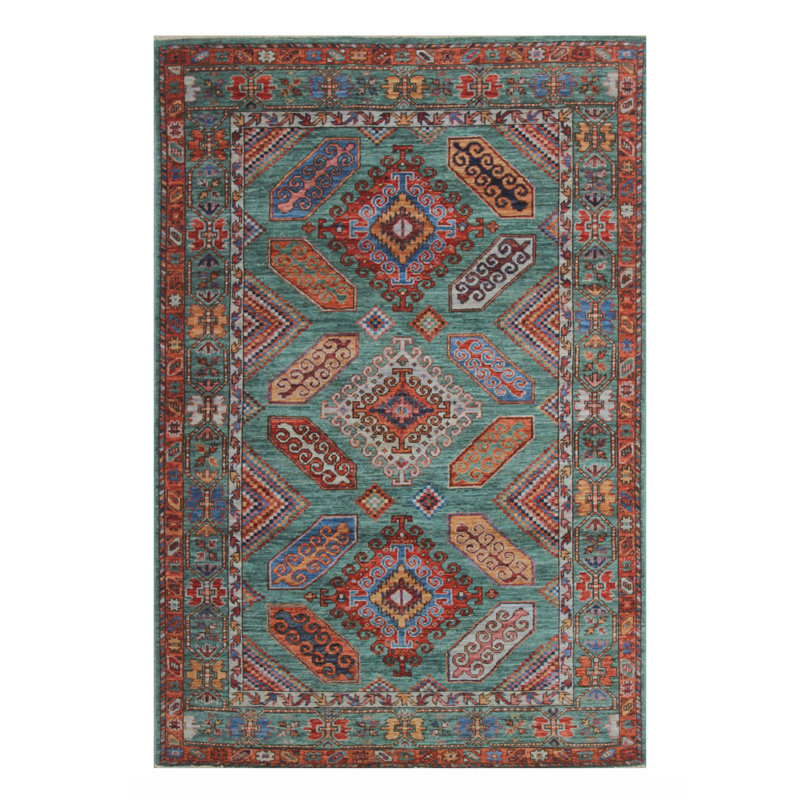 Tapis unique en laine noué à la main rectangulaire de 4 pi 1 po x 6 pi 2 po ikat en vert / rouge / orange / bleu