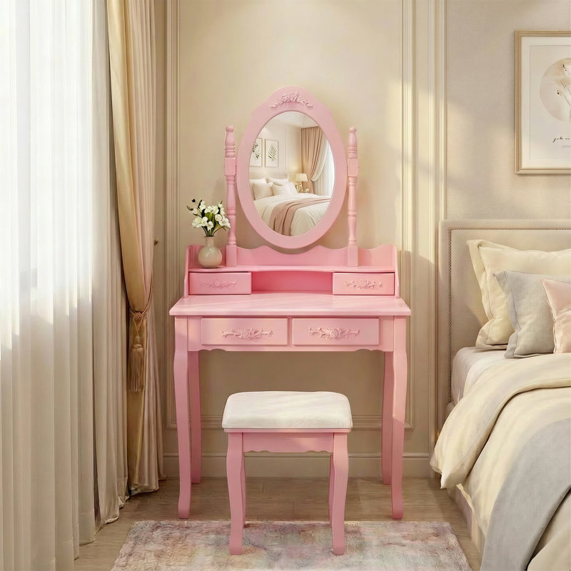 Meuble-lavabo rose avec 4 tiroirs, miroir ajustable à 360 ° et tabouret polyvalent pour l'organisation de la chambre à coucher