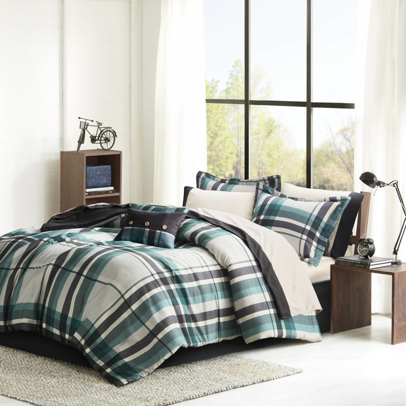 Ensemble d'édredon pour lit simple et de draps 7 pièces bleu sarcelle / noir - microfibre lavable à la machine