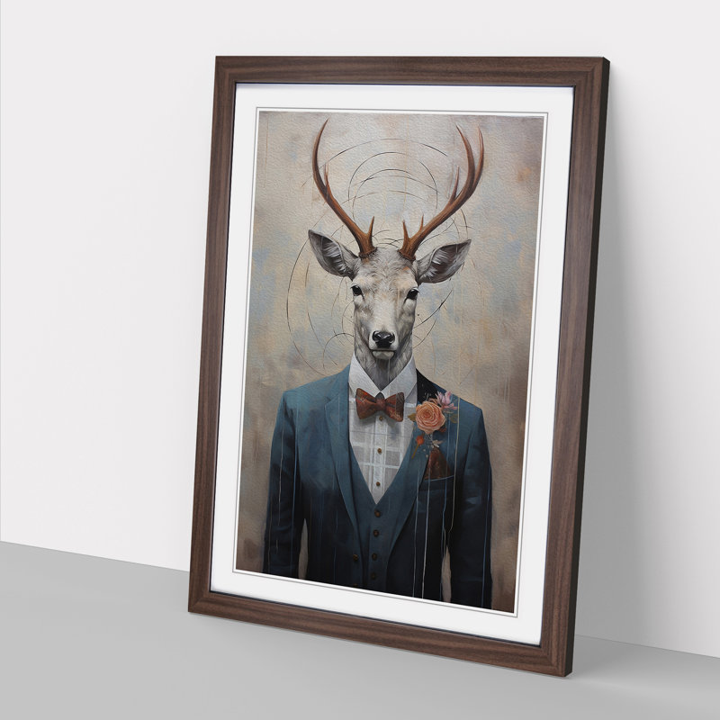 Stag Modern - Single Picture Frame Print on Wood, Walnut, 64cm H x 46cm W x 2cm D