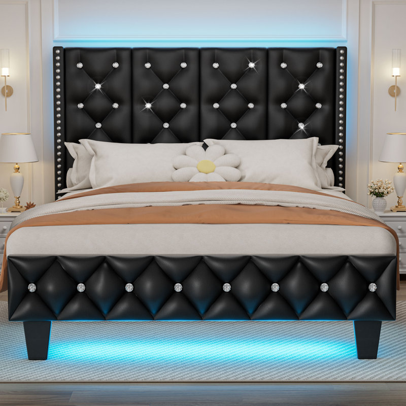 Bed Frame with LED Light, Black Pu Leather Platform Bed with Upholstered Wingback Headboard, No Box Spring Needed, Easy Assembly