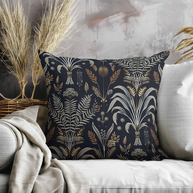 Coussin en suède Indian Dabu Flora, Bleu / doré, Carré 26 po