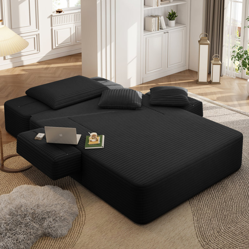 Chaise longue en velours côtelé luxueux avec 3 coussins, canapé-lit convertible et poche de rangement, Noir