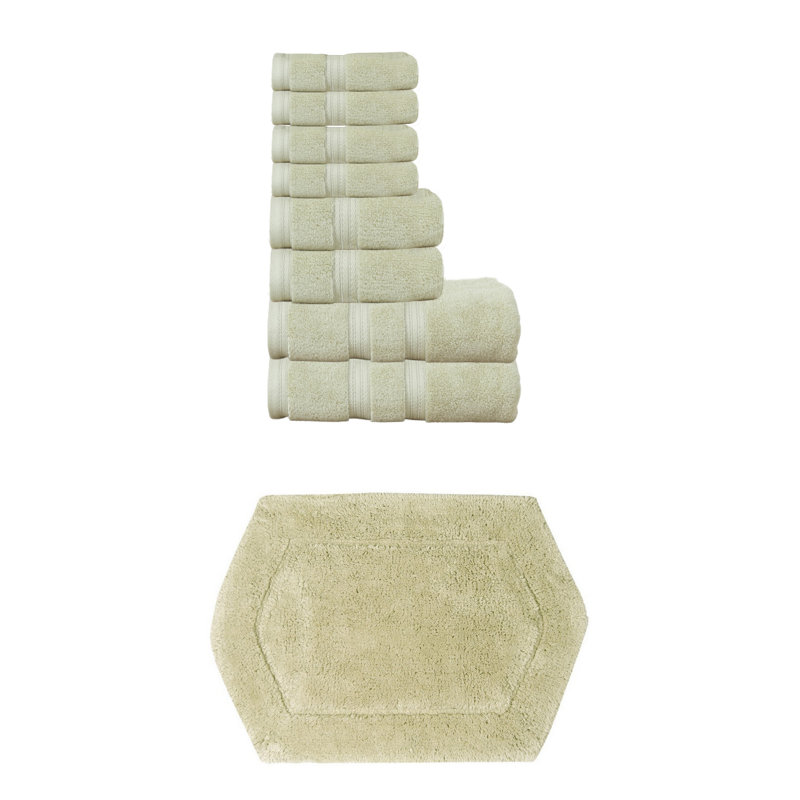 Bryd Collection 100% Soft Cotton 8 Pc Bath Towel Set & 1 Pc 17x24" Bath Rug, (Set of 9), Green