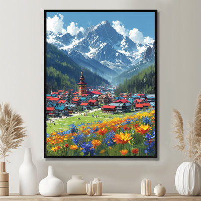 Impression sur toile murale, «Swiss Mountain Town Blossoming Spring Flowers» - campagne